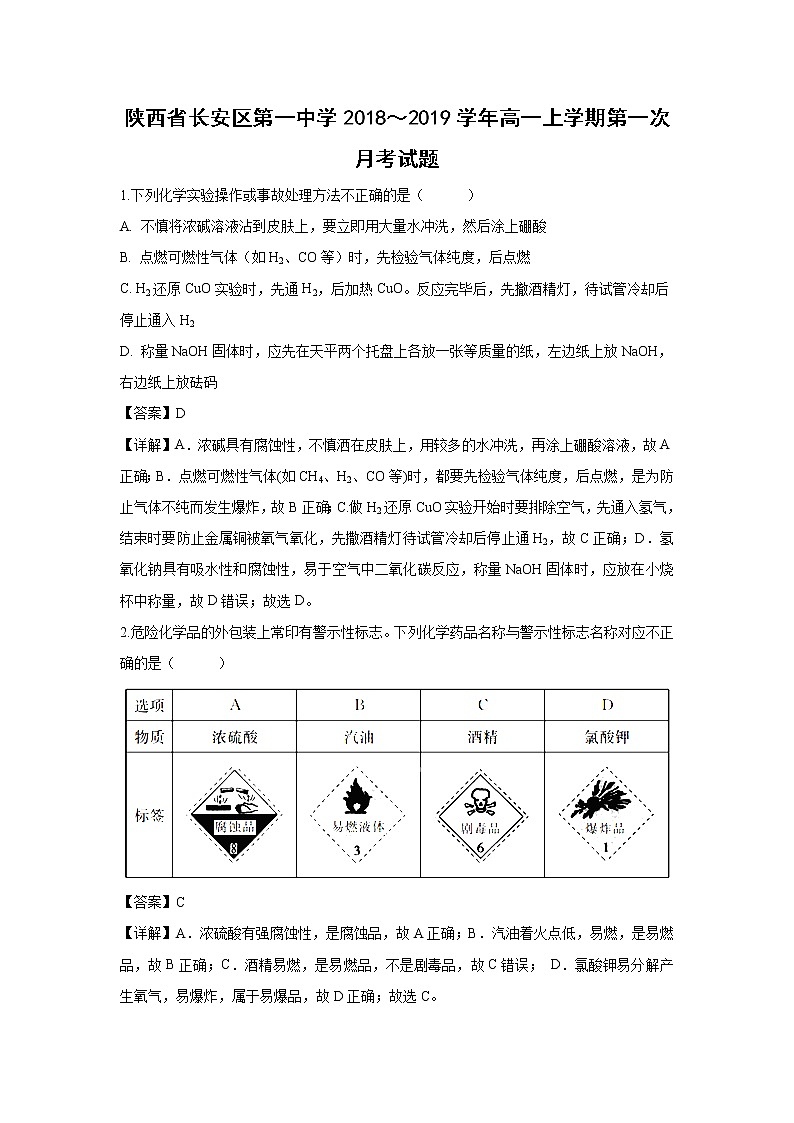 【化学】陕西省长安区第一中学2018-2019学年高一上学期第一次月考试题（解析版）01