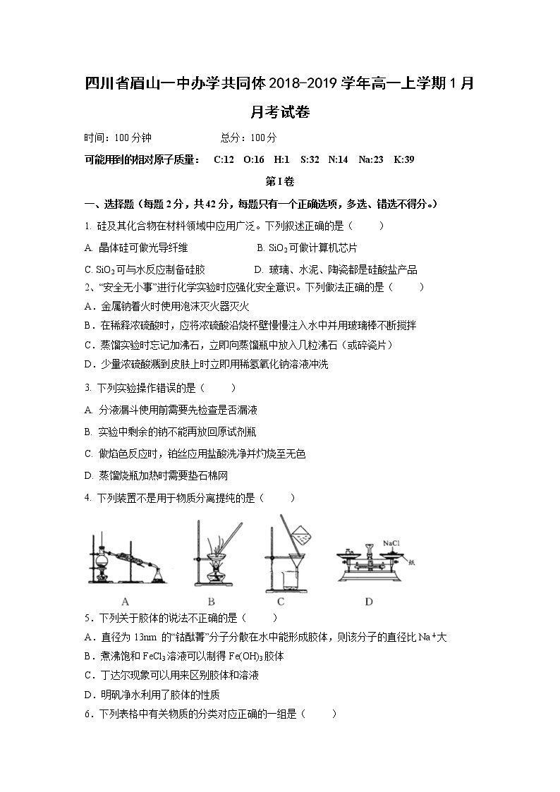 【化学】四川省眉山一中办学共同体2018-2019学年高一上学期1月月考试卷01