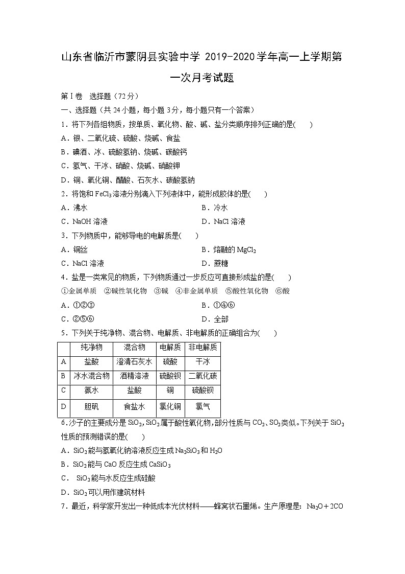 【化学】山东省临沂市蒙阴县实验中学2019-2020学年高一上学期第一次月考试题01