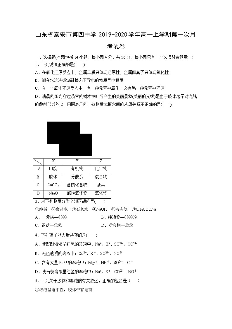 【化学】山东省泰安市第四中学2019-2020学年高一上学期第一次月考试卷01