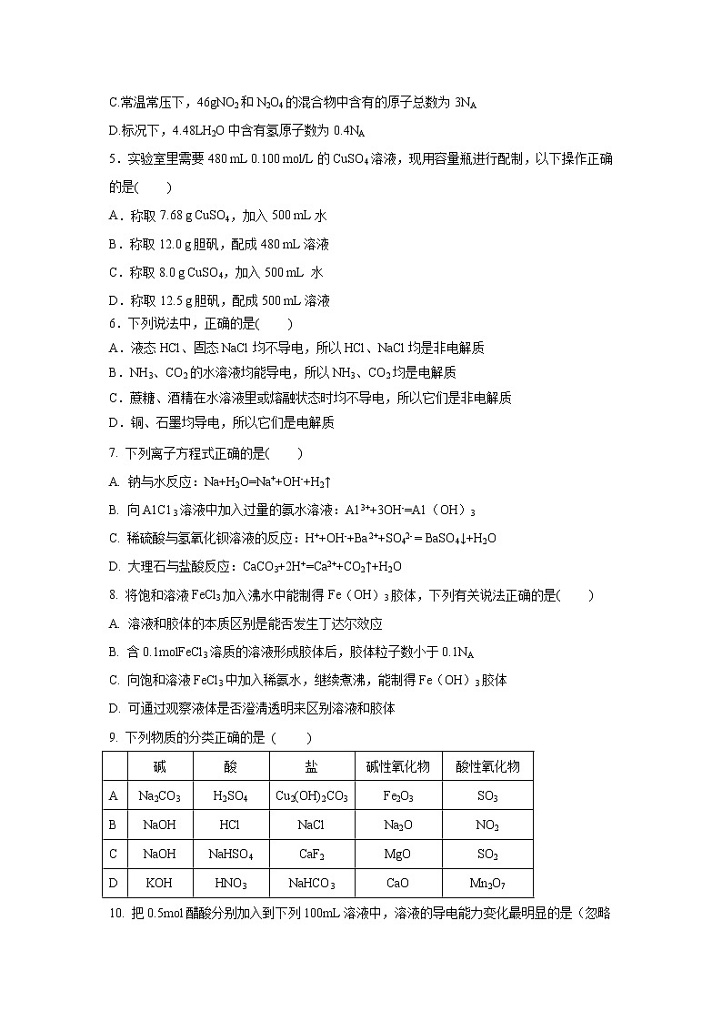 【化学】黑龙江省哈尔滨市尚志市尚志中学2018-2019学年高一上学期第一次月考考试试卷02