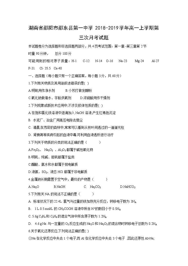 【化学】湖南省邵阳市邵东县第一中学2018-2019学年高一上学期第三次月考试题01