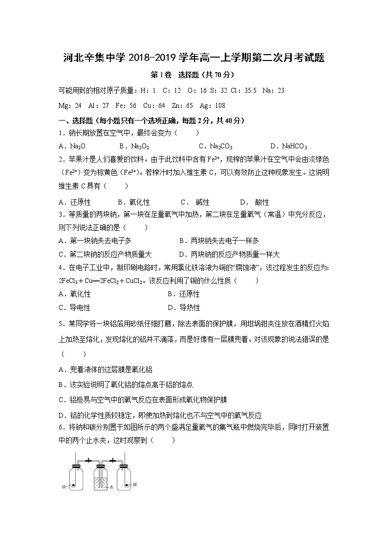 【化学】河北辛集中学2018-2019学年高一上学期第二次月考试题01