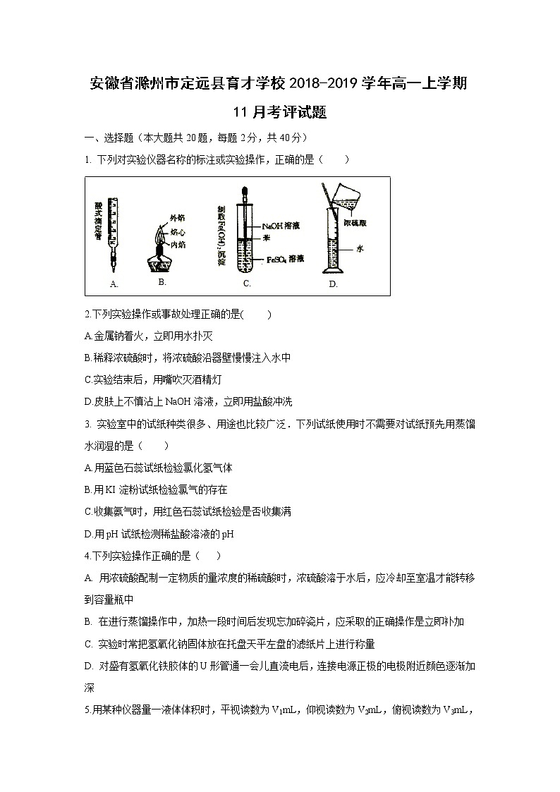 【化学】安徽省滁州市定远县育才学校2018-2019学年高一上学期11月考评试题01