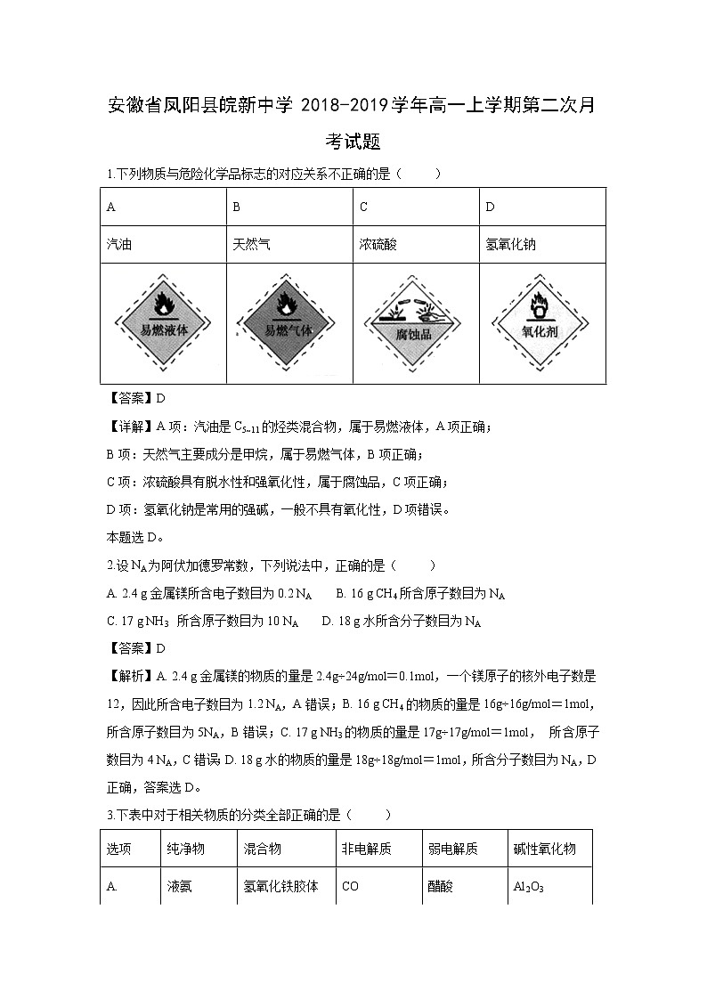 【化学】安徽省凤阳县皖新中学2018-2019学年高一上学期第二次月考试题（解析版）01