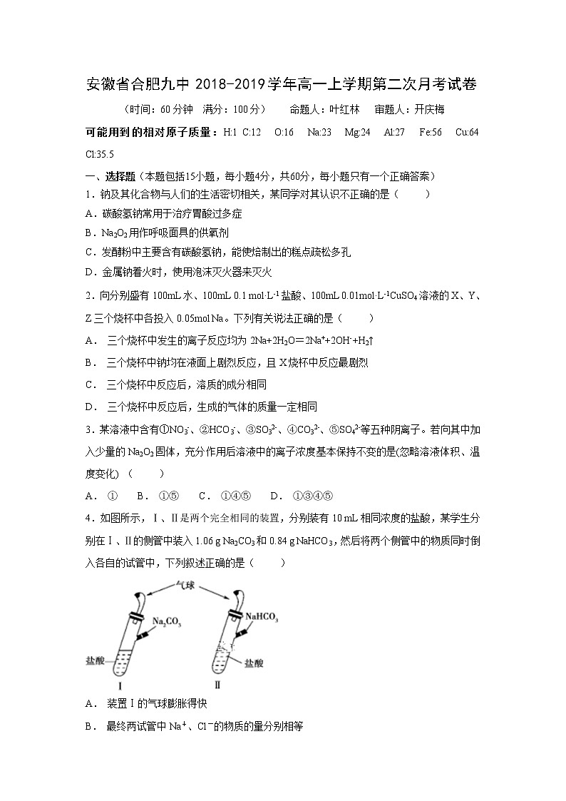 【化学】安徽省合肥九中2018-2019学年高一上学期第二次月考试卷01