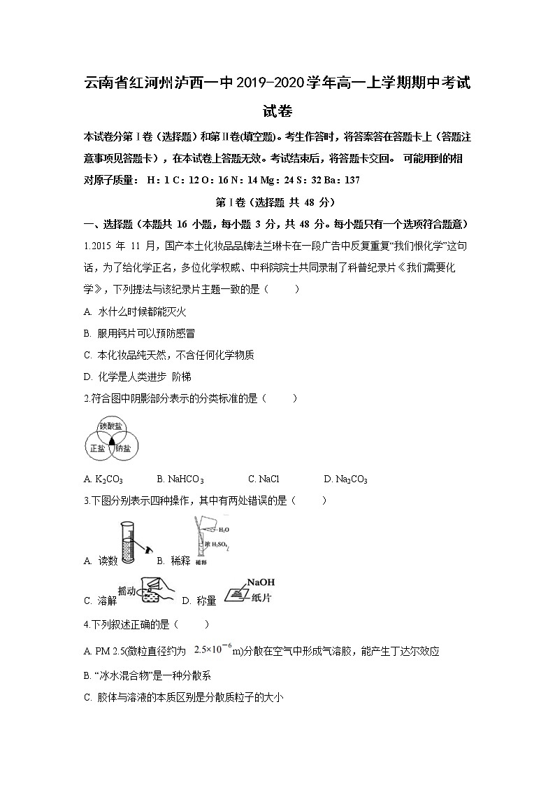 【化学】云南省红河州泸西一中2019-2020学年高一上学期期中考试试卷01