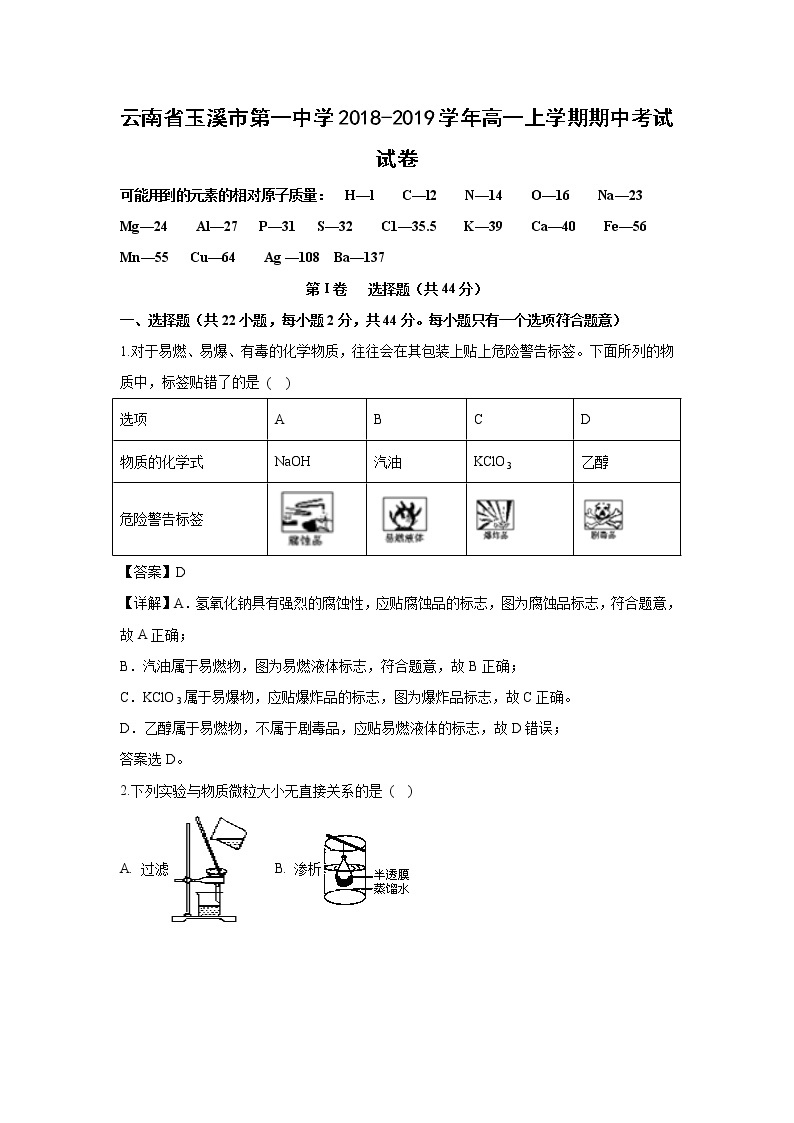 【化学】云南省玉溪市第一中学2018-2019学年高一上学期期中考试试卷（解析版）01