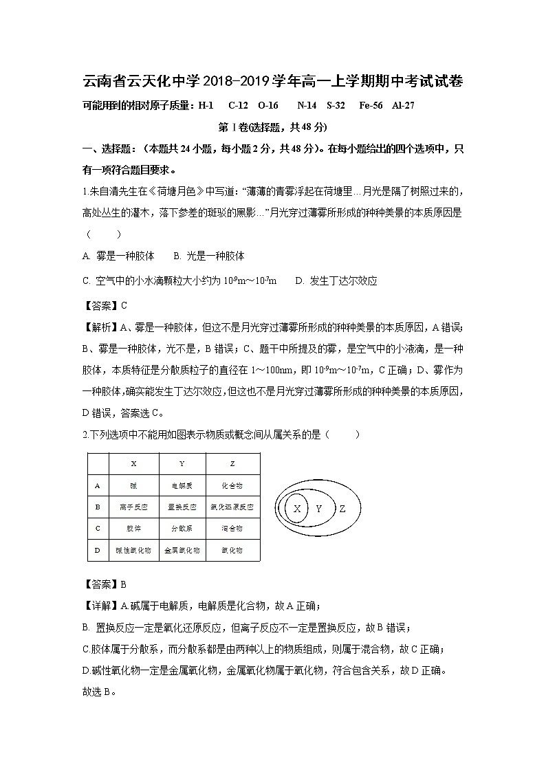【化学】云南省云天化中学2018-2019学年高一上学期期中考试试卷（解析版）01