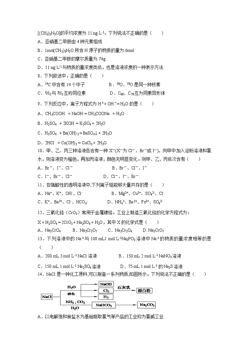 【化学】浙江省丽水四校2019-2020学年高一上学期期中考试试题02