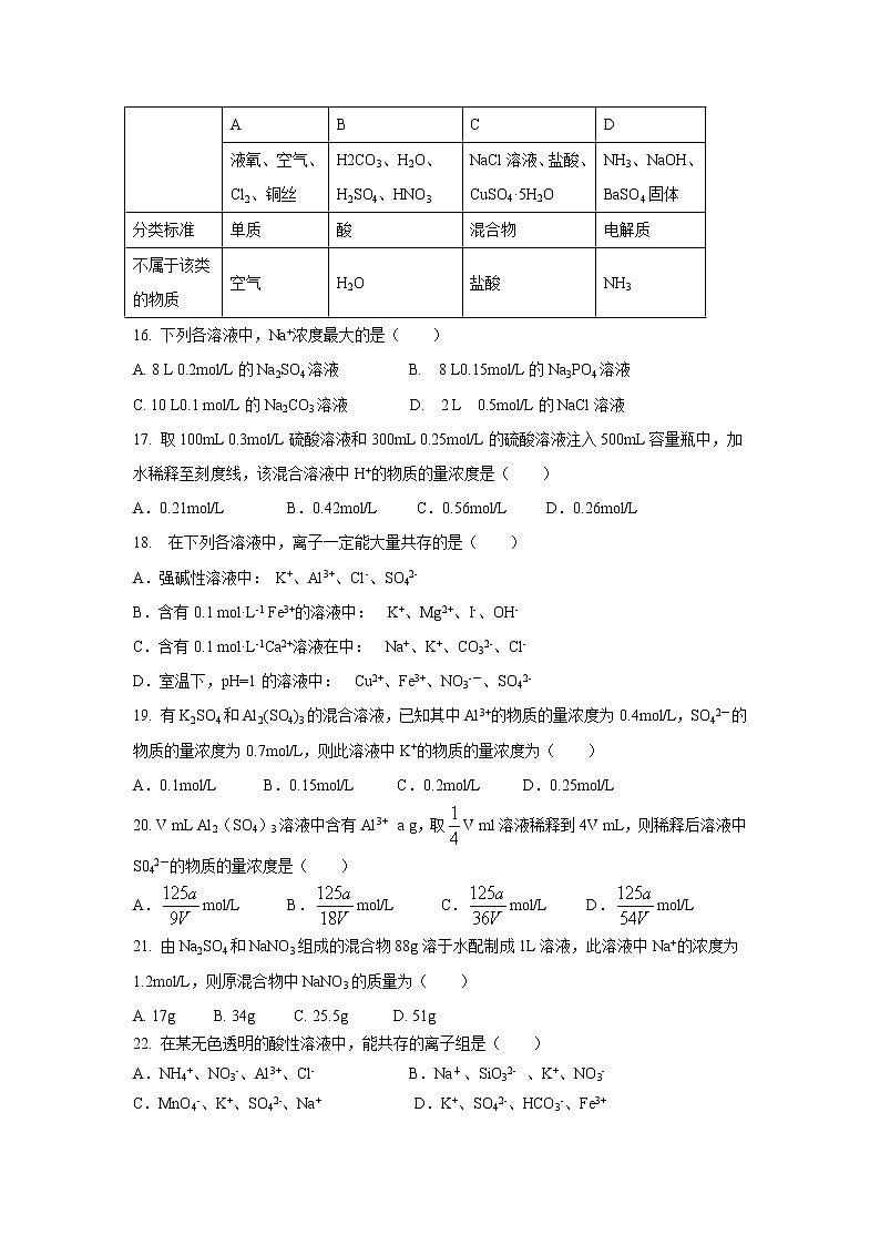 【化学】山西省应县第一中学2018-2019学年高一上学期期中考试试题03