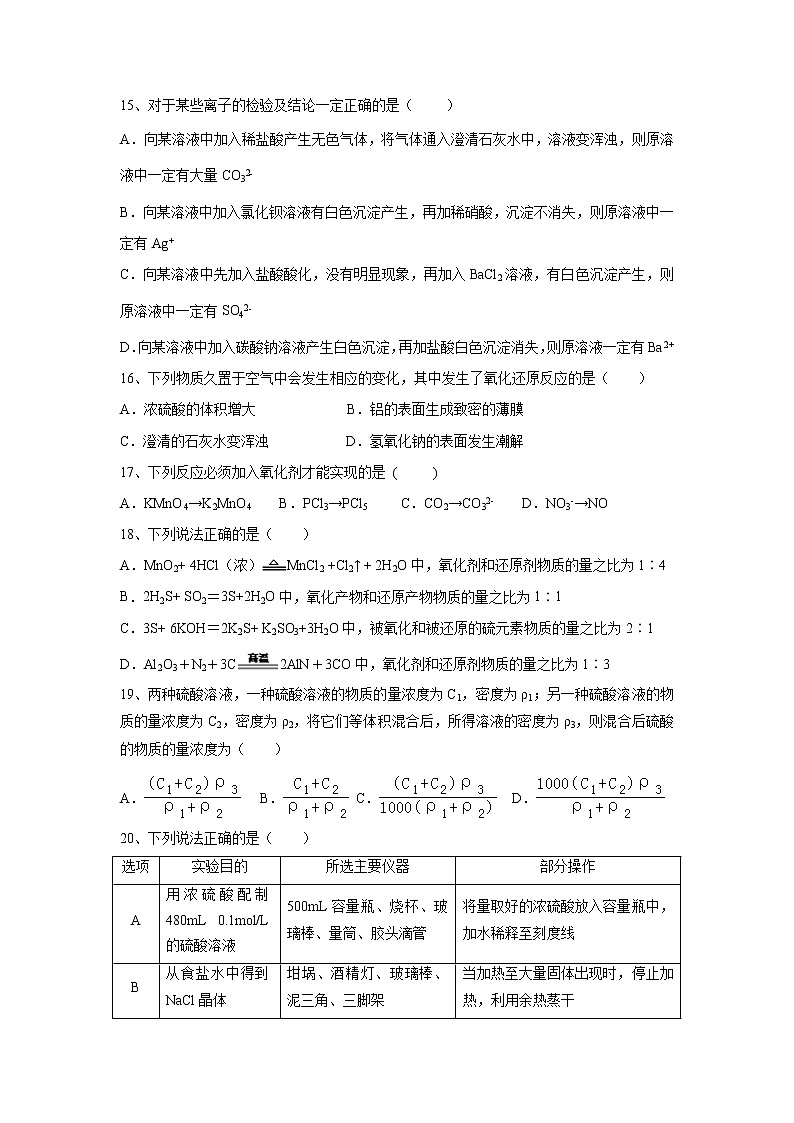【化学】陕西省西安中学2019-2020学年高一上学期期中考试试卷03