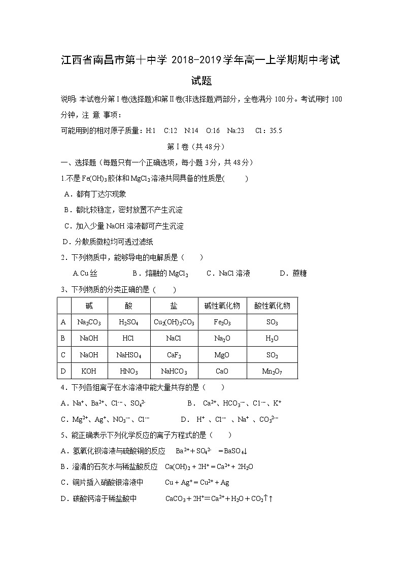 【化学】江西省南昌市第十中学2018-2019学年高一上学期期中考试试题01