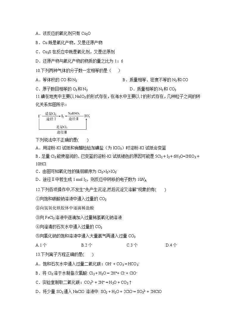 【化学】辽宁省六校协作体2019-2020年高一上学期期中考试试卷03