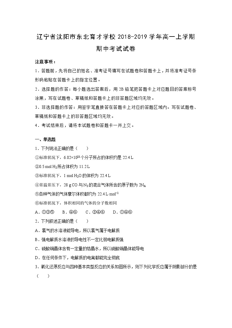 【化学】辽宁省沈阳市东北育才学校2018-2019学年高一上学期期中考试试卷（解析版）第1页