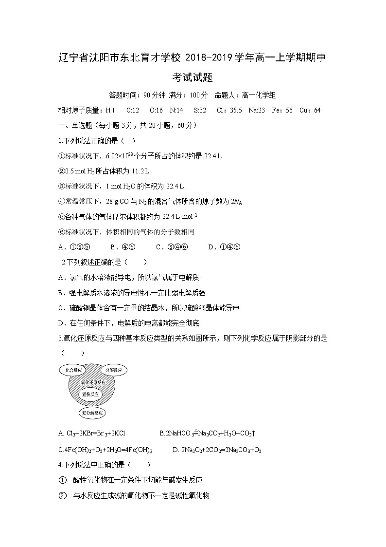 【化学】辽宁省沈阳市东北育才学校2018-2019学年高一上学期期中考试试题第1页