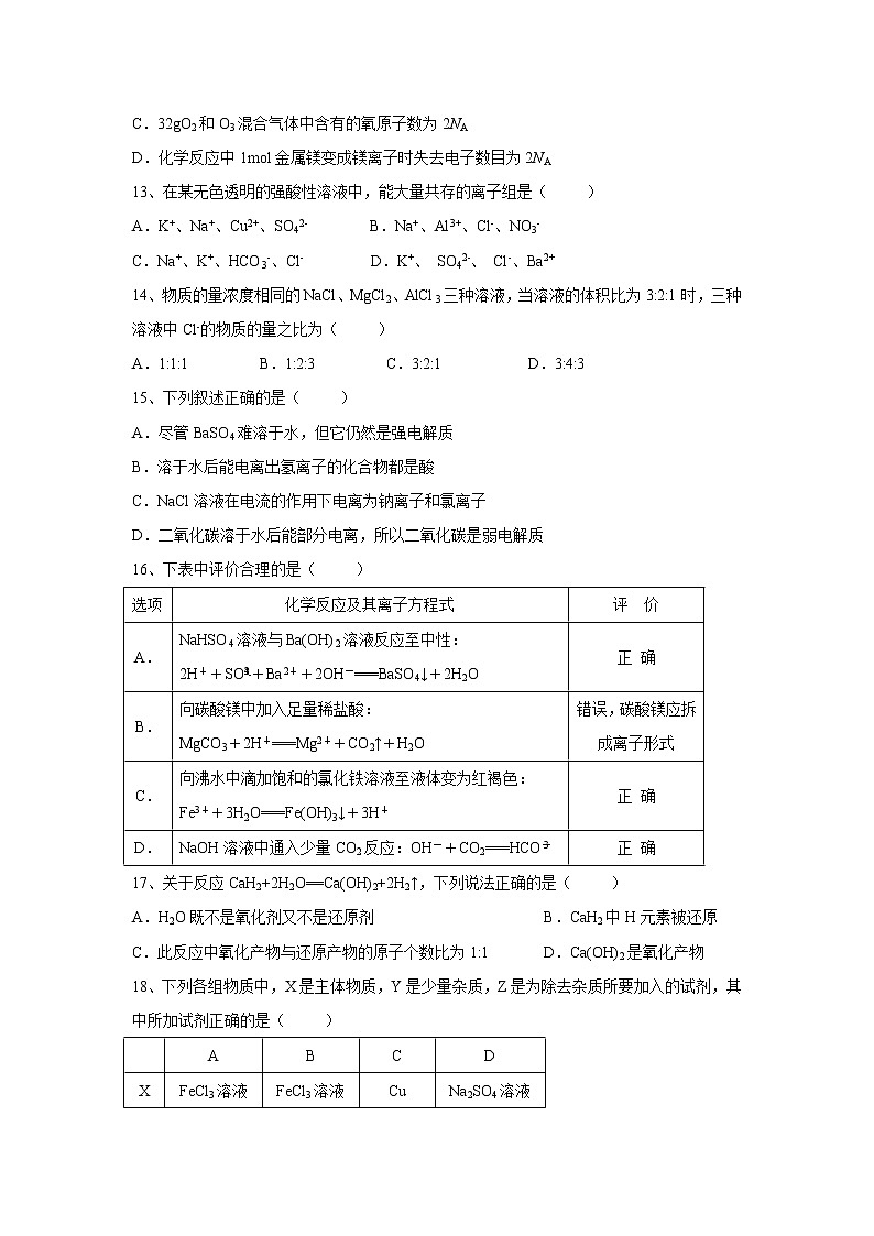 【化学】山东省济南外国语学校三箭分校2018-2019学年高一上学期期中考试试题03