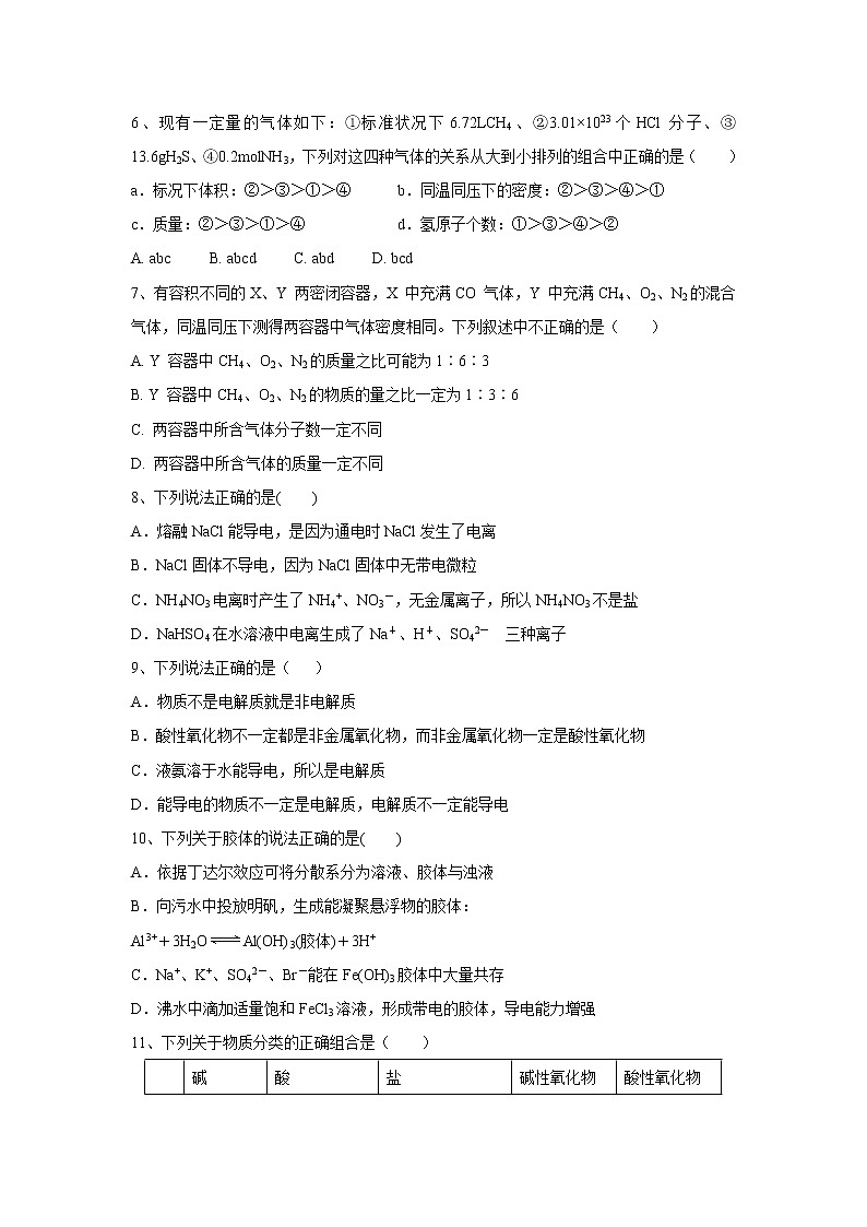 【化学】江西省赣州市石城县石城中学2019-2020学年高一上学期期中考试试卷02