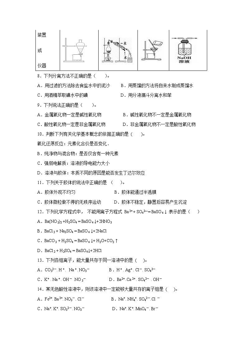 【化学】黑龙江省海林市朝鲜族中学2019-2020学年高一上学期期中考试试题02