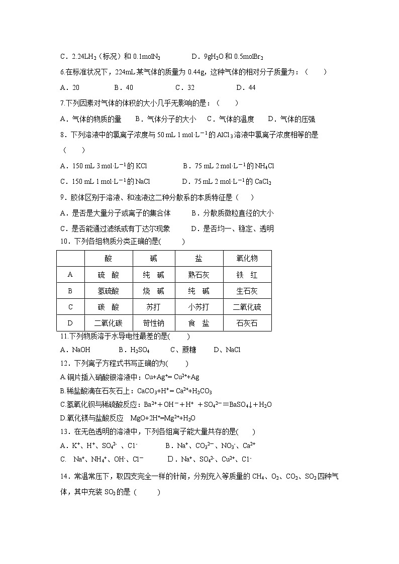 【化学】湖南省醴陵市第一中学2018-2019学年高一上学期期中考试试题02
