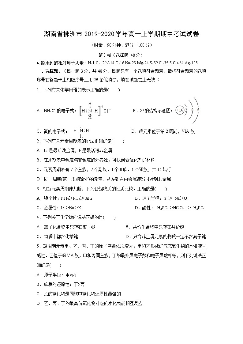 【化学】湖南省株洲市2019-2020学年高一上学期期中考试试卷01