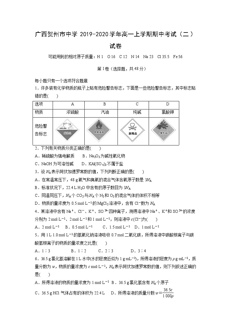 【化学】广西贺州市中学2019-2020学年高一上学期期中考试（二）试卷01