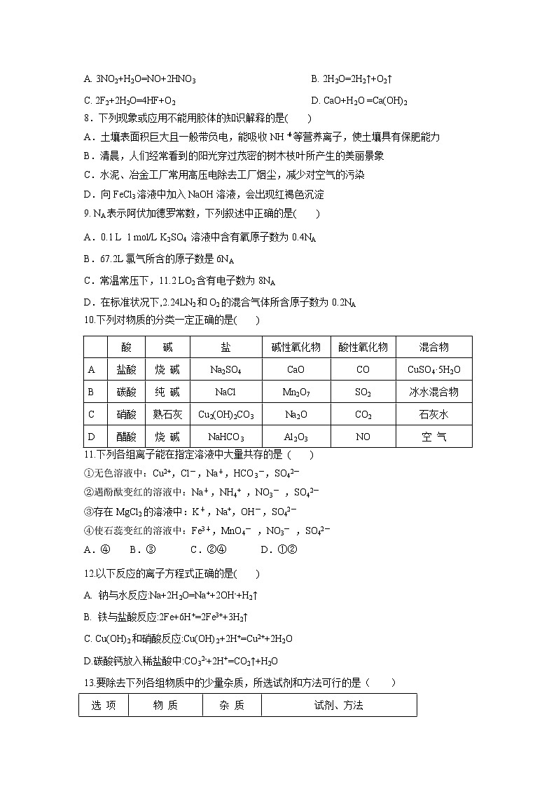【化学】贵州省毕节市梁才学校2019-2020学年高一上学期期中考试试卷02