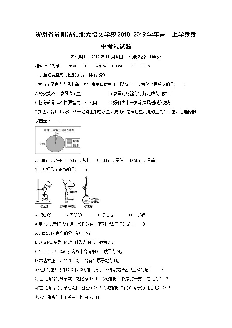 【化学】贵州省贵阳清镇北大培文学校2018-2019学年高一上学期期中考试试题01