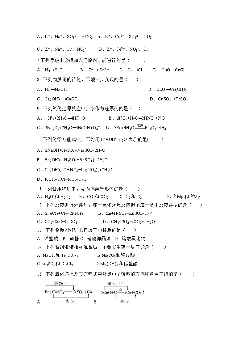 【化学】海南省海南枫叶国际学校2019-2020学年高一上学期期中考试试题02