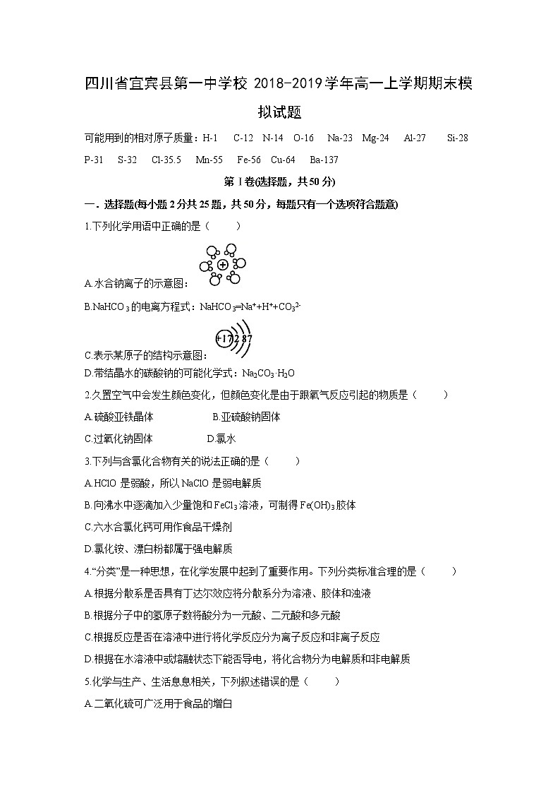 【化学】四川省宜宾县第一中学校2018-2019学年高一上学期期末模拟试题01