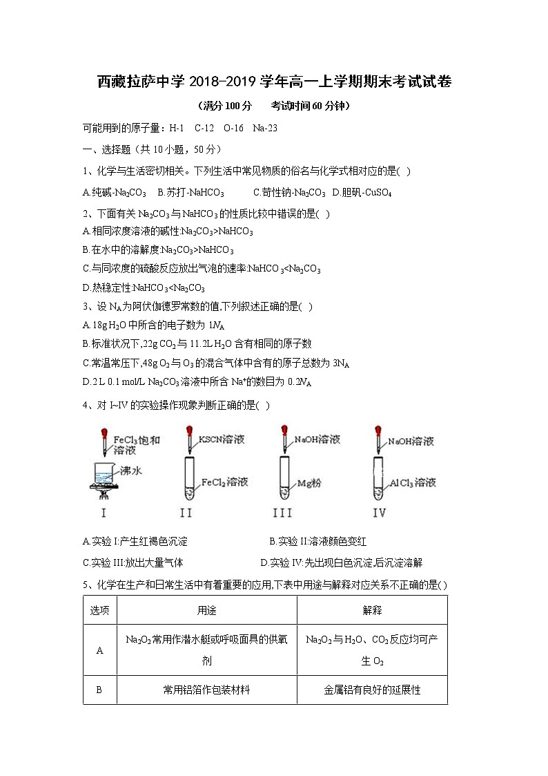 【化学】西藏拉萨中学2018-2019学年高一上学期期末考试试卷01