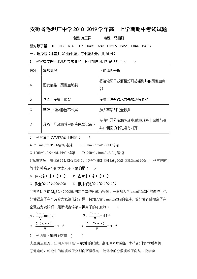 【化学】安徽省毛坦厂中学2018-2019学年高一上学期期中考试试题01