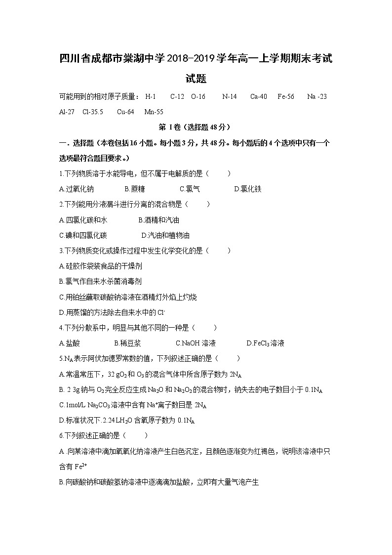 【化学】四川省成都市棠湖中学2018-2019学年高一上学期期末考试试题01