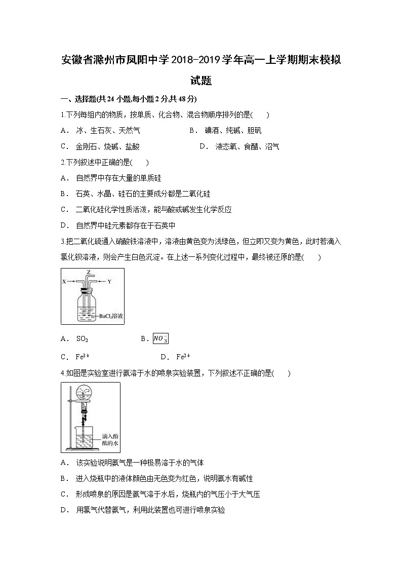 【化学】安徽省滁州市凤阳中学2018-2019学年高一上学期期末模拟试题（解析版）01