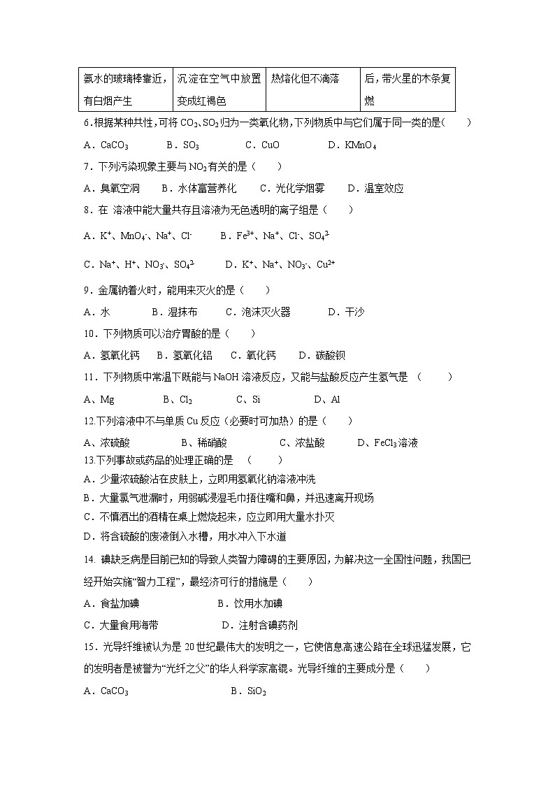 【化学】甘肃省永昌四中2018-2019学年高一上学期期末考试试卷02