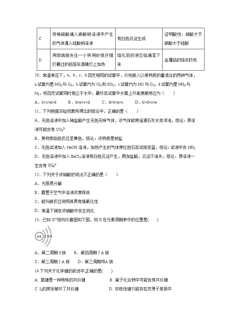 【化学】黑龙江省哈尔滨市第六中学2018-2019学年高一4月月考试题03