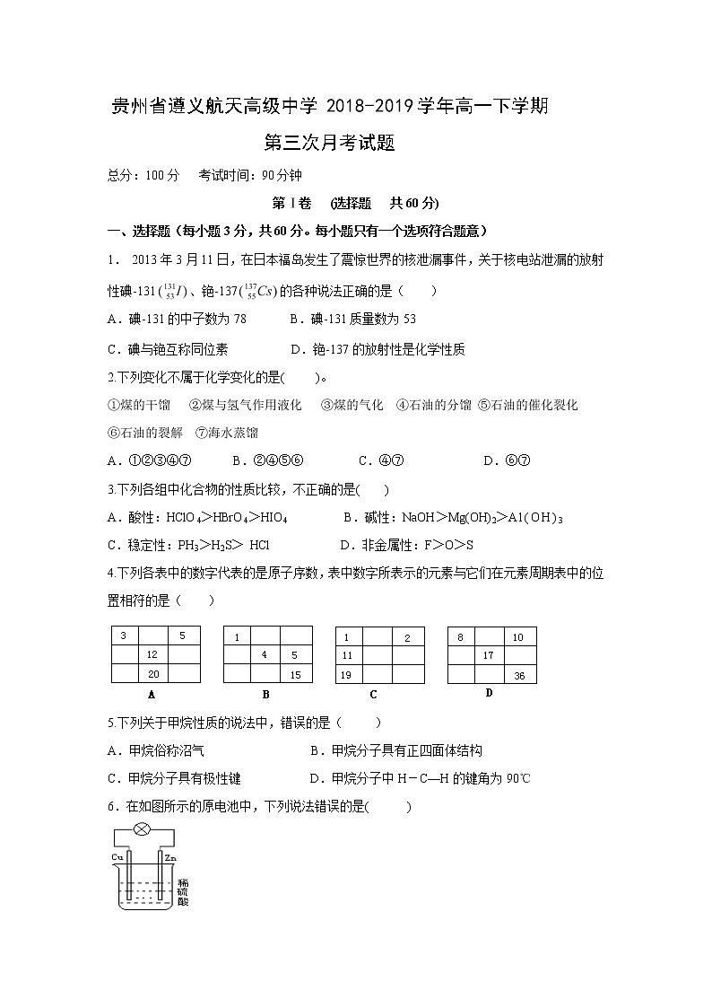 【化学】贵州省遵义航天高级中学2018-2019学年高一下学期第三次月考试题01