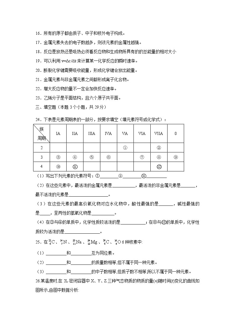 【化学】西藏昌都第四高级中学2018-2019高一下学期期中考试试卷03