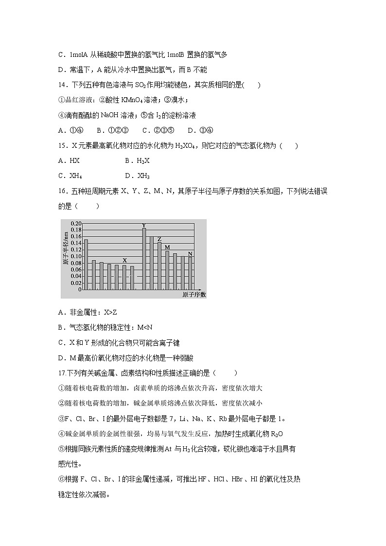 【化学】内蒙古杭锦后旗奋斗中学2018-2019学年高一下学期期中考试试卷03