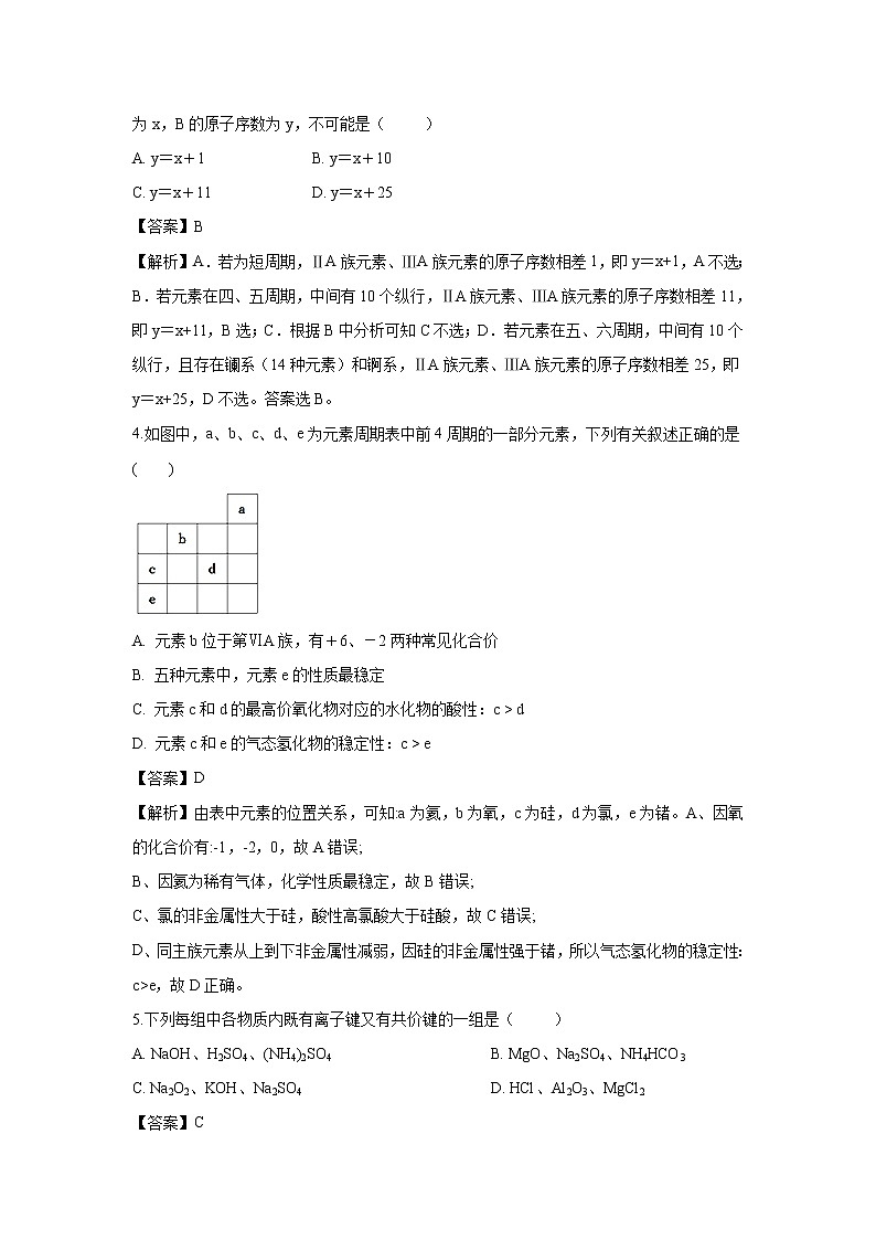 【化学】内蒙古北方重工业集团有限公司第三中学2018-2019学年高一下学期期中考试试卷（解析版）02