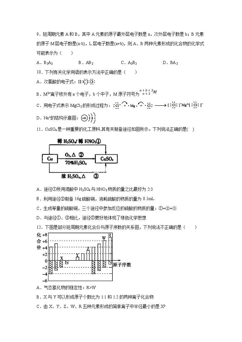 【化学】内蒙古集宁一中2018-2019学年高一下学期期中考试试题03
