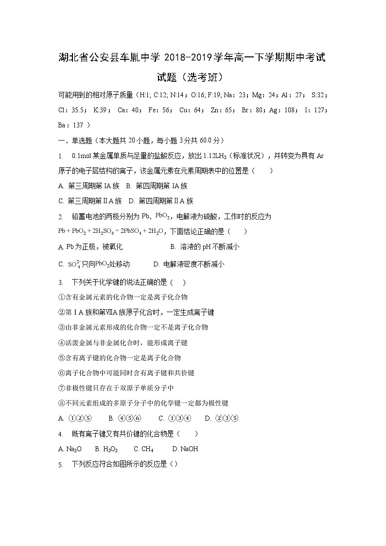 【化学】湖北省公安县车胤中学2018-2019学年高一下学期期中考试试题（选考班）01