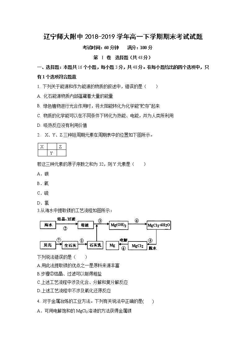 【化学】辽宁师大附中2018-2019学年高一下学期期末考试试题01