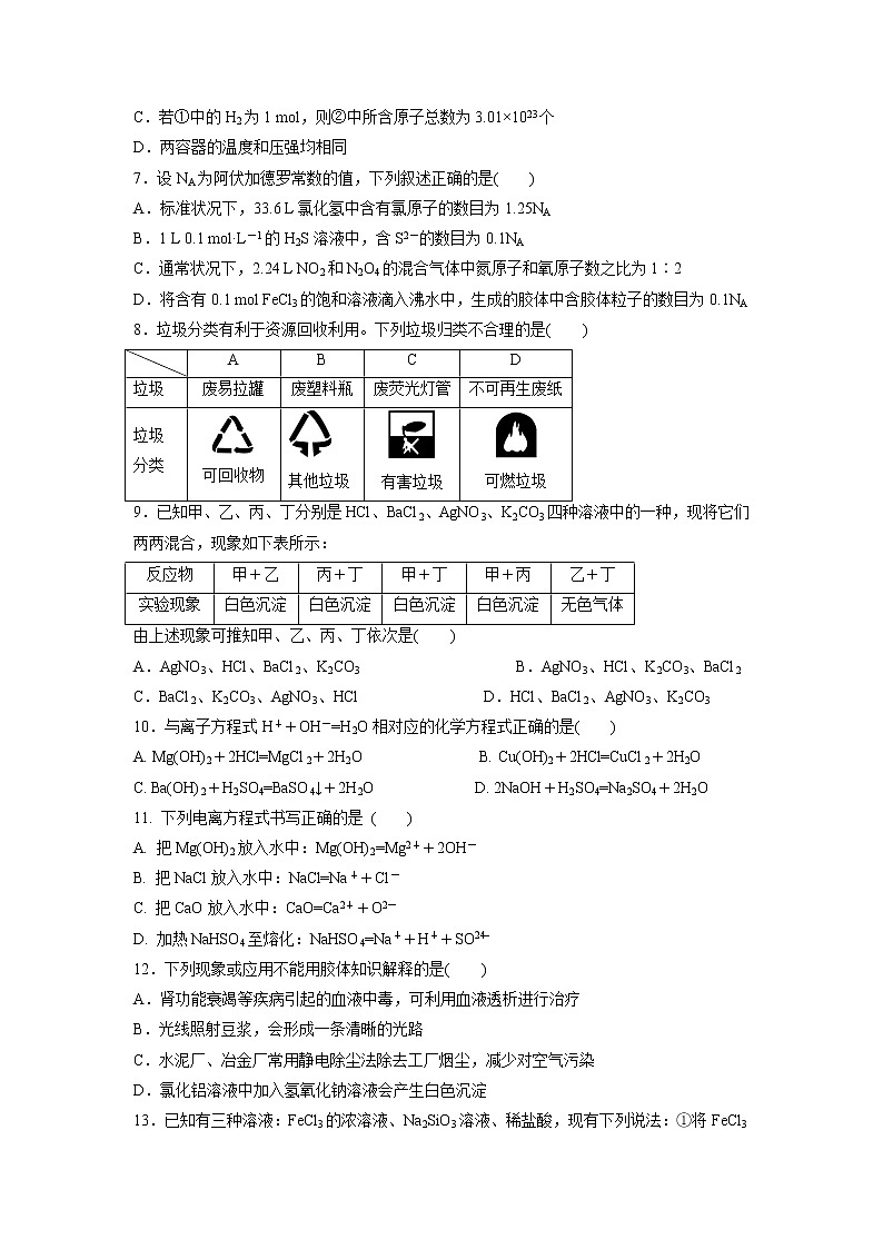 【化学】黑龙江省哈尔滨市第六中学2019-2020学年高一10月份阶段性总结试题02