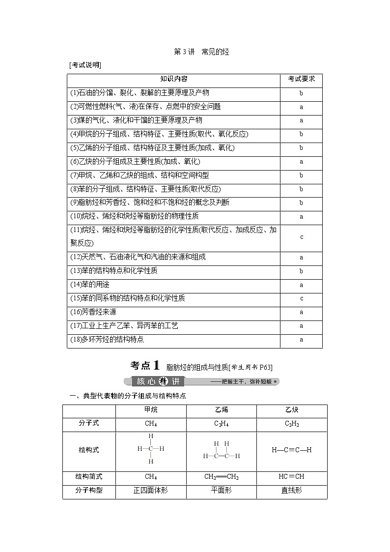 2020届化学高考二轮复习（浙江）常见的烃学案01