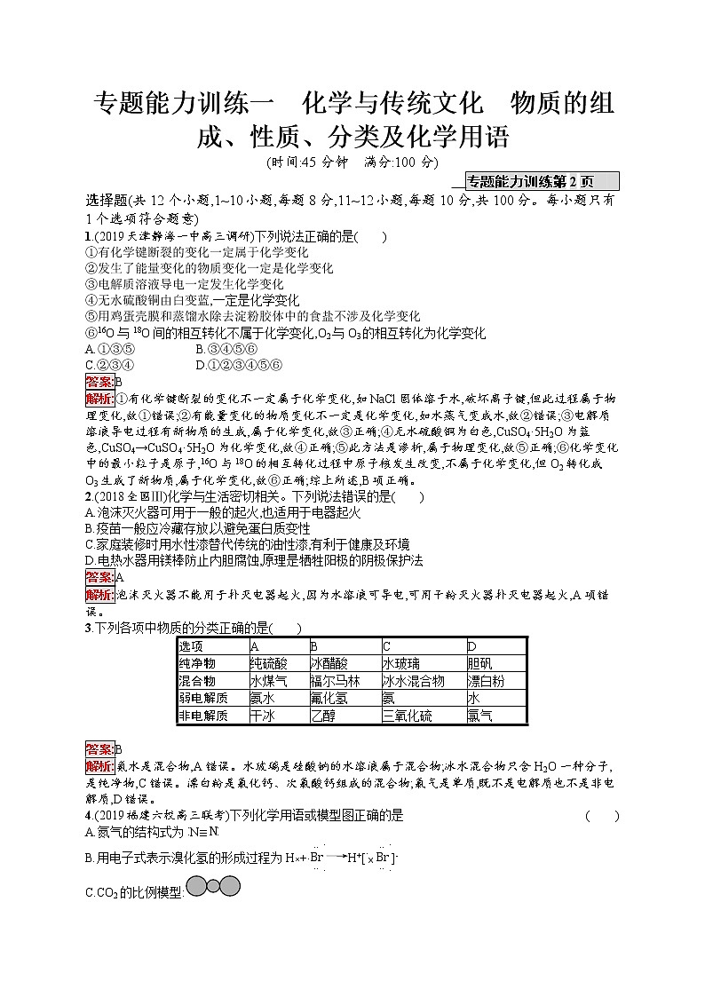 2020届高考化学二轮复习化学与传统文化　物质的组成、性质、分类及化学用语作业 练习01