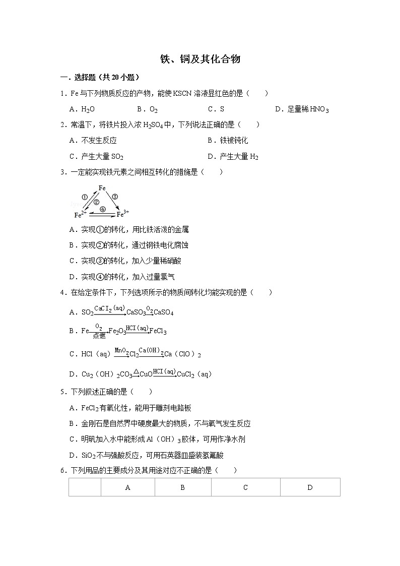 2020届高考化学二轮复习铁、铜及其化合物作业 (2) 练习01