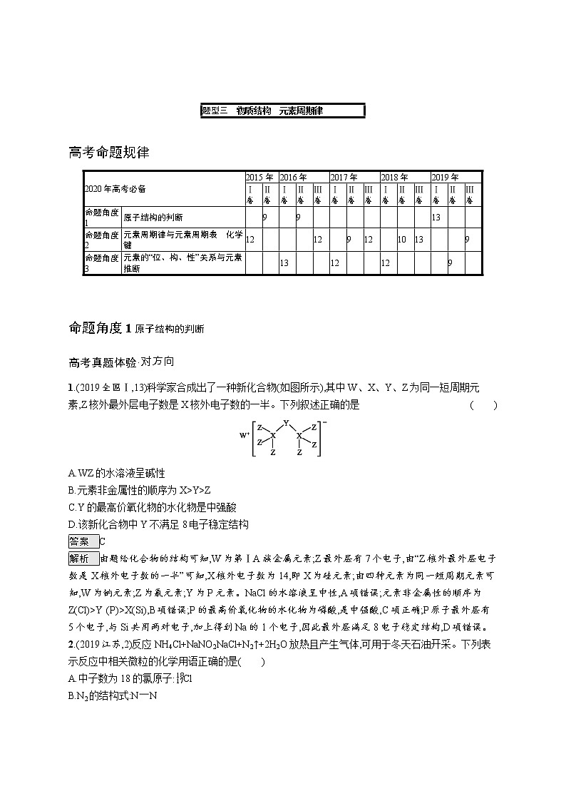 2020届高考化学二轮复习物质结构元素周期律作业 (1) 练习01