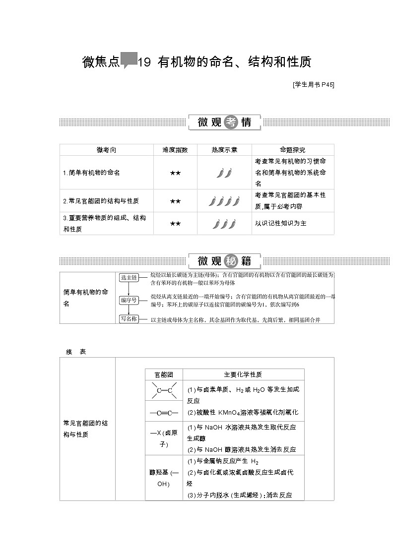 2020届高考化学二轮复习有机物的命名、结构和性质学案01