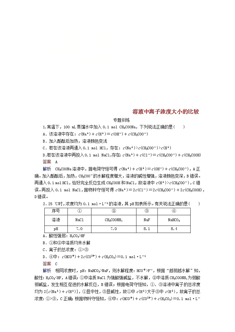 2020届二轮复习 溶液中离子浓度大小的比较 作业（全国通用） 练习01
